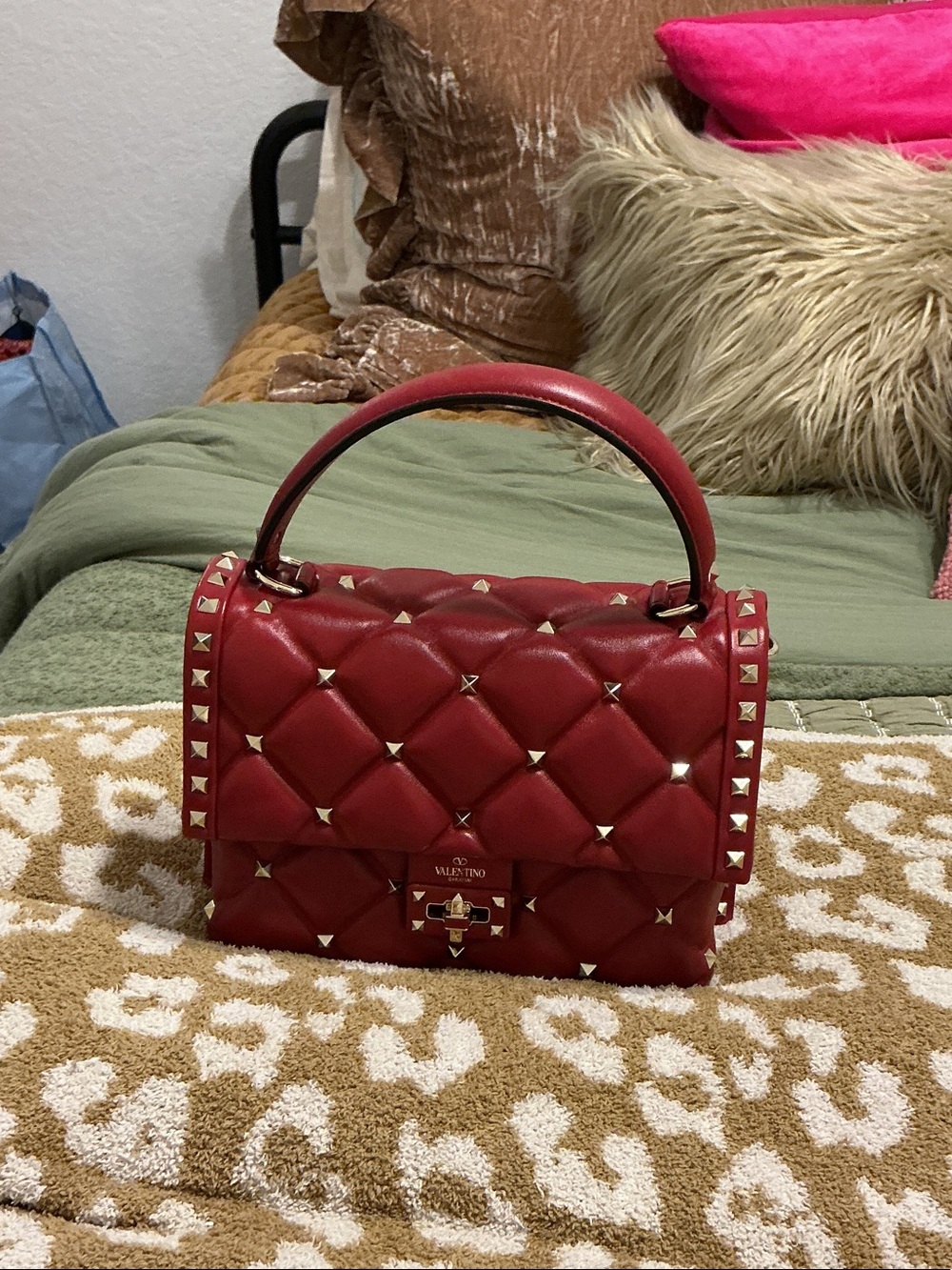 Valentino Red Quilted Rockstud Top-Handle Shoulder Bag